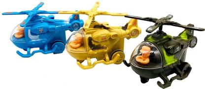 IndusBay 3 Pieces Inertia Friction powered Army Helicopter Unbreakable Plane Aircraft Toy
