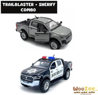 WooZee TRAILBLASTER TRUCK + SHERIFF POLICE CAR PULL ACTION OPENABLE DOORS AND TAILGATE