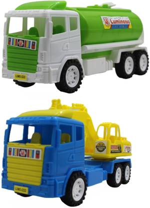 neoinsta shopping Set of 2 Combo Friction based Blue|Yellow JCB and White|Green oil tanker trucks