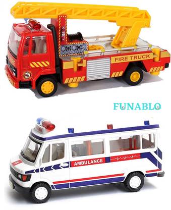 FUNABLO Combo of Pull Back Action Ambulance Traveler and Fire Ladder Truck Model Toy Car
