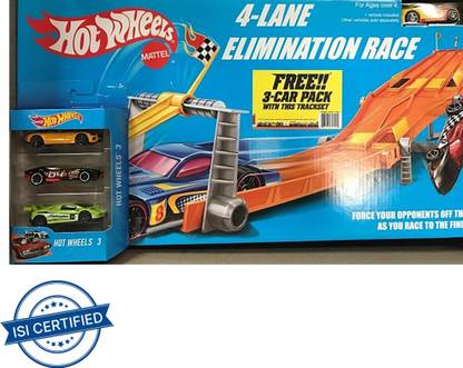 HOT WHEELS 4 Lane Elimination Race Track Set with Free 3 Hot Wheels Pack Car