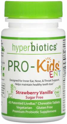 Hyperbiotics PRO-Kids ENT,Sugar Free,Strawberry Vanilla, 45 Patented LiveBac Chewable Tablets