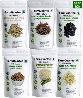 FarmQuartee Safed Musli, Ashwagandha, Shatavari, Kaunch, Gokhru & Akarkara Powder - 25g Each