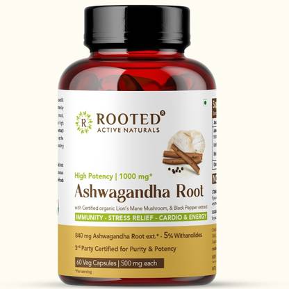 ROOTED Ashwagandha root Capsules with Lion Mane | Supports, Energy & Immunity |500 Mg