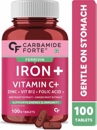 CARBAMIDE FORTE Chelated Iron Supplement with Vitamin C, Folic Acid Iron Tablets for Women & Men