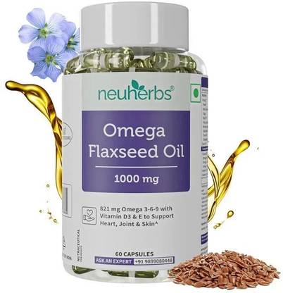 Neuherbs Flaxseed Oil Capsules 1000mg Cold Pressed with Omega 3 6 9 for Heart,Joint,Skin