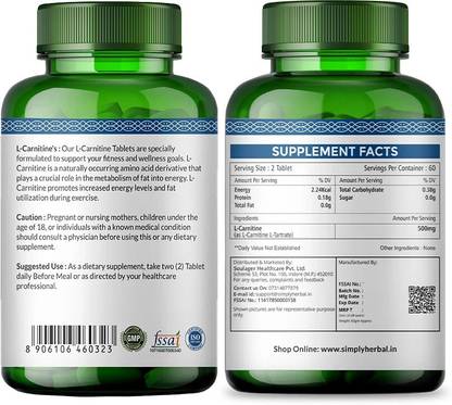 Simply Herbal L- Carnitine Tablet 500mg - (Amino Acid for Muscle, Brain & Heart)