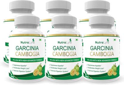 NutraLyfe 100% Natural & Herbal Garcinia Cambogia Extract 70% (HCA) For Fat Burn - 60 Capsules (Pack Of 6)