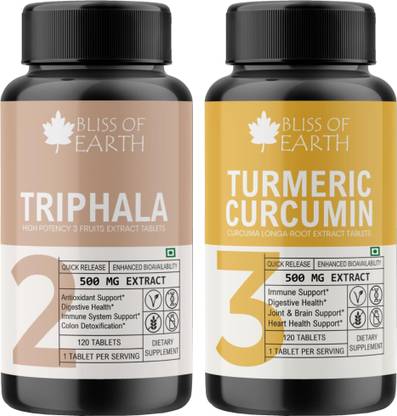 Bliss of Earth Triphala Tablets & Turmeric Curcumin Tablets 500mg for Immunity and Constipation