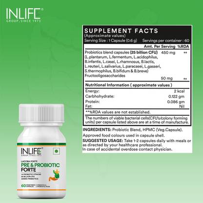 INLIFE Pre and Probiotics & Prebiotics Forte 25 Billion CFU Supplement, For Men Women