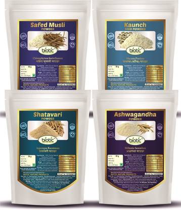 biotic Safed Musli, Ashwagandha, Shatavari, Kaunch Seed Powder - Combo 50g Each