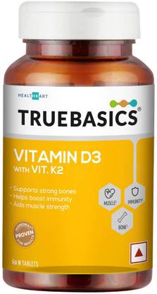 TRUEBASICS Vitamin D3 600 IU with Vitamin K2 55 mcg, Boosts Immunity, Bone & Muscles Health