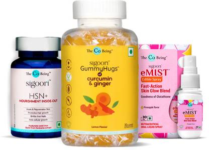 The Co Being Glow + combo of eMIST Skin glow blend, HSN+ & GummyHugs of Curcumin & Ginger