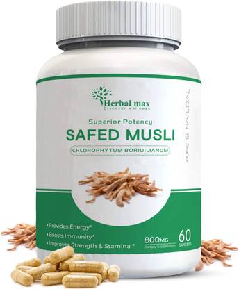 Herbal max Safed Musli Extract Capsule for Strength, Immunity & Stamina 800mg- 60 Capsule