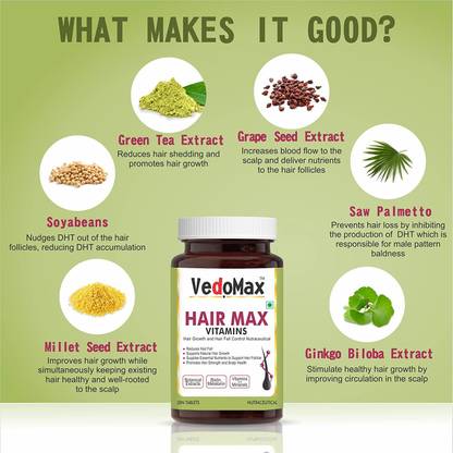 VedoMax Maximum Hair Vitamins with Ginko Biloba for Hair Growth & Volume - 30 Tablets