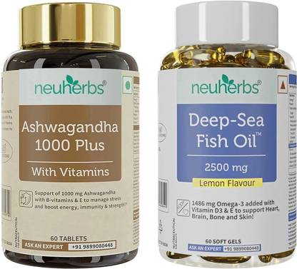 Neuherbs Athlete Nutrition Supplement Combo-Fish Oil Omega 3-60 softgel+ Ashwagandha 60 Tab
