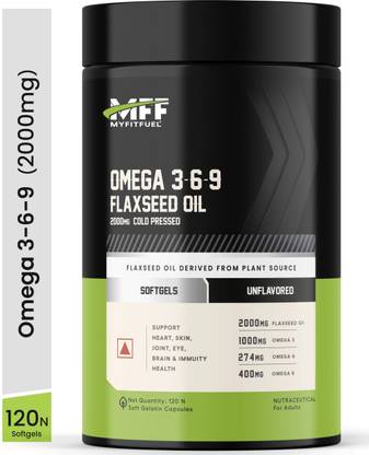 MyFitFuel Omega 3 6 9 (Flax Seed Oil), Cold Pressed, 1000mg, 120 Softgel Capsules