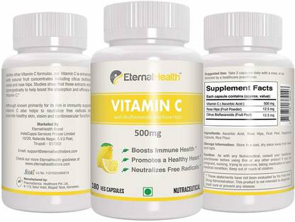 EternalHealth Vitamin C 500mg with Citrus Bioflavanoids & Rose Hips Powder - 180 Veg Capsules