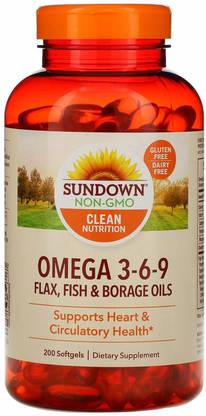 Sundown Naturals Omega 3-6-9 Flax, Fish & Borage Oils, 200 Softgels