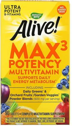 Nature's Way Alive! Max3 Potency Multivitamin, No Added Iron, 90 Tablets