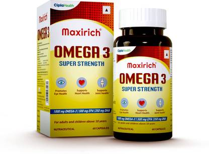 Cipla Maxirich Omega 3 | Super Strength Capsule | EPA 500mg & DHA 350mg |Multivitamins