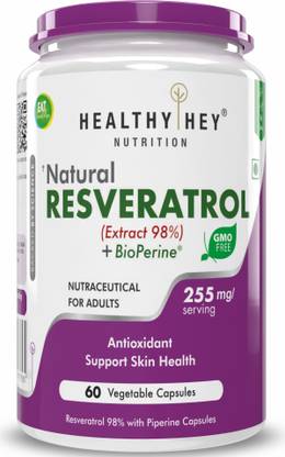 HealthyHey Nutrition Resveratrol Extract 98% Plus BioPerine for Absorption, 60 Vegetable Capsules