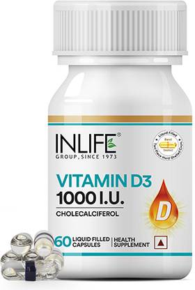INLIFE Vitamin D3 Cholecalciferol Supplement for Men Women 1000 IU - Liquid Filled Capsules