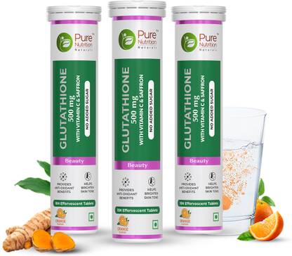 Pure Nutrition Glutathione 500mg + Vitamin C & Saffron | Skin Glow & Radiance 15 Effervescent