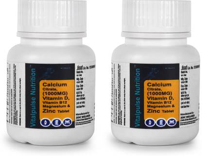 Vitalpulse Nutrition Calcium Citrate 1000mg with Vitamin D, B12, Magnesium & Zinc Tablets, 60 Count