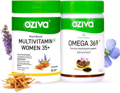 OZiva Plant-Based Multivitamins for Women 35+ & OMEGA 369 for Skin, Heart & Joints