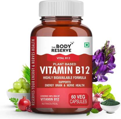 THE BODY RESERVE Plant Based Vitamin B12 Supplement 60 VEG Capsules For Nerve And Brain Health