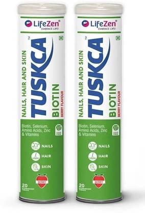 TUSKCA Biotin+Selenium+Zinc for Hair,Nails,Skin 20Effervescent tab Berry flvr-Pack of 2