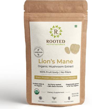 ROOTED Lions Mane mushroom Extract Powder (60 gm) | Memory, Brain & Nerve Health