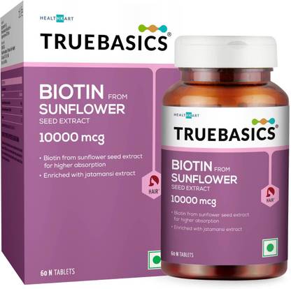 TRUEBASICS Biotin From Sunflower Seed Extract, 10,000 mcg Biotin for Hair Growth & Volume