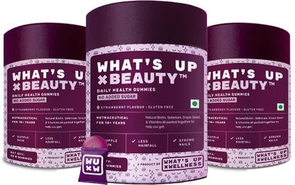 What's Up Wellness Natural Biotin Gummies for Healthy Hair, Skin & Nails No Added Sugar (Pack of 3)