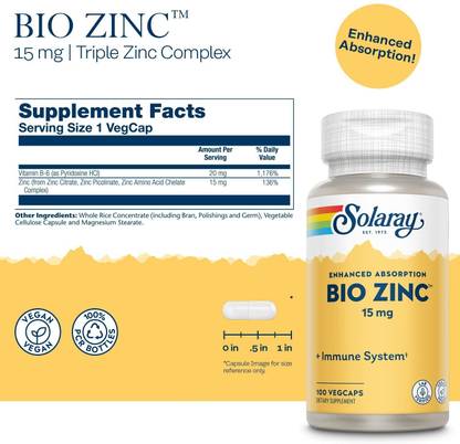 Solaray Bio Zinc Supplement, 15mg, 100 Count
