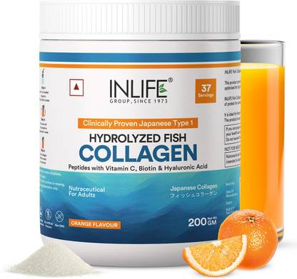 INLIFE Hydrolyzed Marine Fish Collagen Peptides Powder for Skin Hair Supplements (Orange)