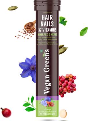 Vegan Greens Hair & Nails 37 Vitamins + DHT Blocker Biotin Zinc 25 Effervescent Tablet Orange