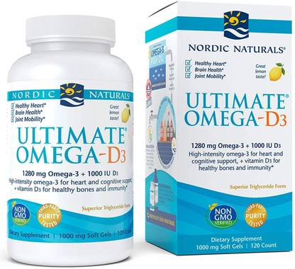 Nordic Naturals Ultimate Omega D3 Lemon Flavor 1280 mg Omega-3 + 1000 IU Vitamin D3-120 Soft Gel