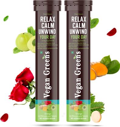 Vegan Greens Relax Calm Unwind Your Day Calm Stress &Relax Body 50 Effervescent Tablet Orange