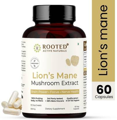 ROOTED Lions Mane mushroom Extract Capsules (500 mg) | Memory, Brain & Nerve Health