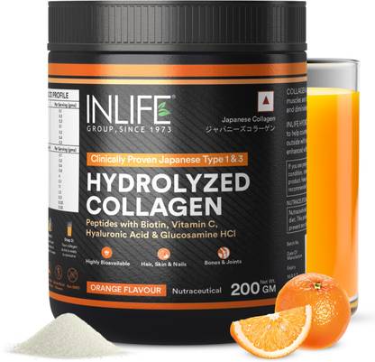 INLIFE Hydrolyzed Collagen Powder Supplement Orange Flavor