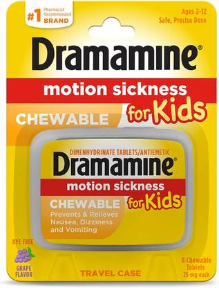 Dramamine Motion Sickness for Kids, Chewable, Dye Free, Grape Flavored, 8 Count