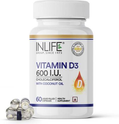 INLIFE Vitamin D3 600 IU Supplement With Coconut Oil Immunity& Bone Health- 60 Capsules