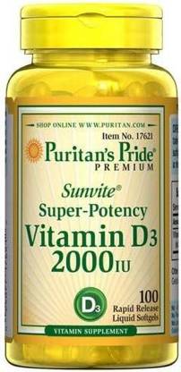 Puritan's Pride Sunvite Super High Potency Vitamin D3 2000IU 100 Softgels