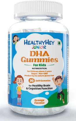 HealthyHey Nutrition Junior DHA,For Healthy Brain,Orange Flavour 30 Soft Gummies for Kids