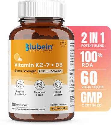 Blubein Vitamin D3 + K2-7 Capsule | 600IU Cholecalciferol for Strong & Healthy Bones