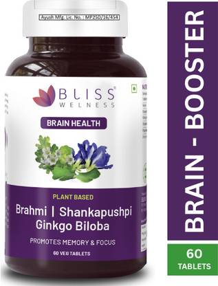 Bliss Welness Brain Booster,Brahmi Shankpushpi Ginkgo Biloba | Memory Mind Focus supplement