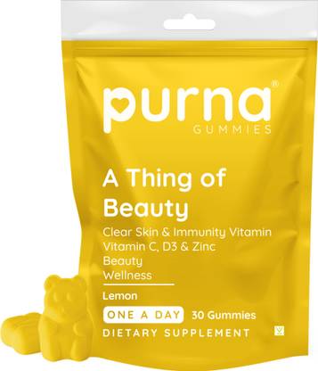 Purna Gummies Vitamin C Lemon & Zinc for Adults & Kids, Immunity Boost, Skincare, Veg Gummy