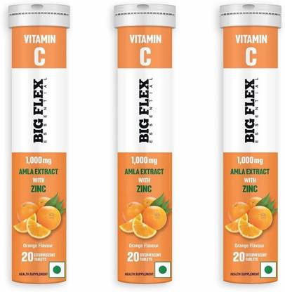 Bigflex Vitamin-C 1000mg Natural Amla Extract + 10mg Zinc effervescent Orange Flavour